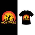 Halloween nightmare T-shirt design with scary calligraphy. Halloween spooky fashion wear design with zombie hand and graveyard.