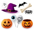 Halloween objects vector set. Halloween trick or treat elements and object of hat, pumpkins, spider, bone, bat, ghost, and eyeball