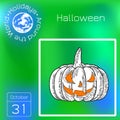 Halloween. 31 October. A pumpkin with a carved terrible face. Drawing style engraving. Calendar. Holidays Around the World. Event