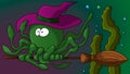 Halloween octopus flying on a broomstick