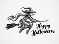 Halloween. Old wicked witch flying on broomstick sketch. Vector illustration Royalty Free Stock Photo