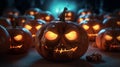 Halloween. Ominous glowing pumpkins on a dark background. Generated by AI