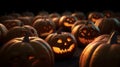 Halloween. Ominous glowing pumpkins on a dark background. Generated by AI