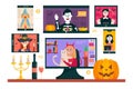 Halloween online party. People using video conference service for collective holiday virtual celebration.