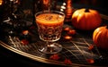 A Halloween orange cocktail over a spiderweb-patterned table with traditional decoration surrounding the beverage