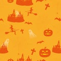 Halloween orange festive seamless pattern. Endless background with pumpkins, haunted house, ghosts, bats, witch, spiders and Royalty Free Stock Photo