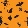 Halloween orange festive seamless pattern. Endless background with pumpkins, skulls, bats, spiders, ghosts, bones, candies, spider Royalty Free Stock Photo