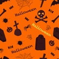 Halloween orange festive seamless pattern. Endless background with pumpkins, skulls, bats, spiders, ghosts, bones, candy, cobwebs Royalty Free Stock Photo