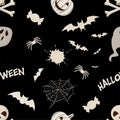 Halloween orange festive seamless pattern. Endless background with pumpkins, skulls, bats, spiders, ghosts, bones, candy, cobwebs Royalty Free Stock Photo