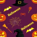 Halloween orange festive seamless pattern. Endless background with pumpkins, skulls, bats, spiders, ghosts, bones, candy, cobwebs Royalty Free Stock Photo