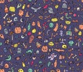 Halloween orange festive seamless pattern. Endless background with pumpkins, skulls, bats, spiders, ghosts, bones Royalty Free Stock Photo