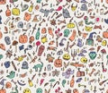 Halloween orange festive seamless pattern. Endless background with pumpkins, skulls, bats, spiders, ghosts, bones Royalty Free Stock Photo