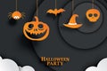 Halloween orange paper hanging in dark background. Use for invitation party card, flyer, greeting, banner, poster, vector Royalty Free Stock Photo