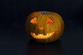 Halloween orange pumpkin with burning candles on a dark background. jack o lantern. traditional western culture.