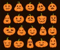 Halloween orange pumpkin set. Cartoon pumpkins jack lantern characters, vegetable with scary terrible head spooky faces