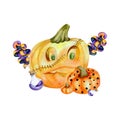 Halloween orange pumpkins composition. Hand drawn watercolor halloween bottle, candies and scary pumpkin