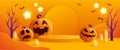 Halloween orange theme product display podium on paper graphic background with group of 3D illustration Jack O Lantern pumpkin and