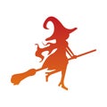 Halloween orange witch flying in broom silhouette