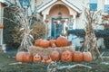 Halloween outdoor pumpkin decorations in front of house yard Royalty Free Stock Photo