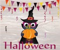 Halloween. Owl in a suit holds a pumpkin. Greeting card or invitation for a holiday. Empty place for your text or advertisement. Royalty Free Stock Photo