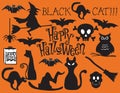 Set of halloween labels and elements. Vector cat set illustration template tattoo