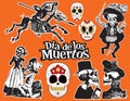 Set of Day of the Dead labels and elements. Vector set illustration template tattoo Royalty Free Stock Photo