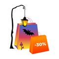 Halloween paper bags 30 percent discount. Purple and orange packets with bat and lantern