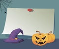 Halloween paper board and yellow pumpkin with hat