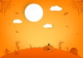 Halloween paper cut, pumpkin, spider and cat cartoon characters with full moon, autumn celebration party abstract background