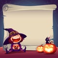 Halloween Paper Scroll. Blank paper scroll with little witch, black cat and jack o lantern. Royalty Free Stock Photo