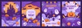 Halloween papercut poster. Helloween posters template 3d paper cut background, spooky story text with spiderweb pumpkin