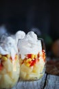 Halloween parfait made from layers of pineapples, candy corn, and whipped cream Royalty Free Stock Photo