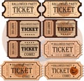 Halloween party tickets Halloween Party Vintage cinema ticket concert and festival event, movie theater coupon Poster Royalty Free Stock Photo