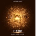 Halloween party. Abstract golden lights. Big bright flash of light. Gold dust. Cartoon Halloween pumpkin. Beautiful text on the ba Royalty Free Stock Photo