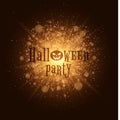 Halloween party. Abstract golden lights. Big bright flash of light. Gold dust. Cartoon Halloween pumpkin. Beautiful text on the ba Royalty Free Stock Photo