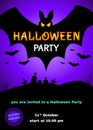 Halloween party background with bats and cemetery. Royalty Free Stock Photo