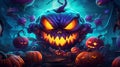 Halloween party background  - a cartoon of a pumpkin with glowing eyes Royalty Free Stock Photo