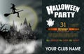 Halloween Party background with gothic castle, flying young witch, ghost and full moon. Vector