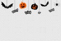 Halloween party  background with scary pumpkin face , bats, spiders, boo, trick or treat,  hanging from top  isolated  on png or Royalty Free Stock Photo