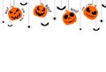 Halloween party  background with scary pumpkin face , bats, spiders, boo, trick or treat,  hanging from top on white Royalty Free Stock Photo