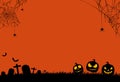 Halloween party background with spiders,spiderwebs,pumpkins,bats, cemetery isolated on orange texture, blank space for text, Royalty Free Stock Photo