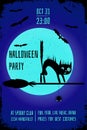 A Halloween party banner with a black cat on witch broom on dark blue background. Editable poster design template. Royalty Free Stock Photo