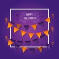 Halloween party banner. Foil balloons gold and purple, frame, bunting. Purple background.