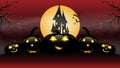 Halloween party banner, Full Moon, Haunted House, and Pumpkins at the night Royalty Free Stock Photo