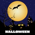 Halloween party banner, Fullmoon, Haunted House, Pumpkins and Bats.