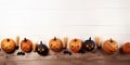 Halloween Party Banner - Pumpkins, Bats Wings, and Candles on White Plank Wood