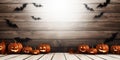 Halloween Party Banner - Pumpkins, Bats Wings, and Candles on White Plank Wood