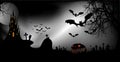 Halloween party banner, spooky dark background, silhouettes of characters and scary bats with gothic haunted castle, horror theme