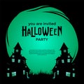 Halloween party banner template with circle frame and illustration of twin scary castle