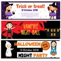 Halloween party banners. Invitations, advertisements with happy children having fun